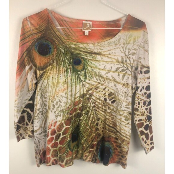 JM Collection Womans Size PL Pullover Blouse Peacock Feather Giraffe Sparkle - Picture 1 of 8